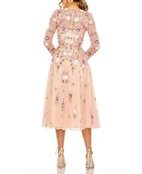 Mac Duggal Women's Sequined Floral Long Sleeve High Neck Midi Dress
