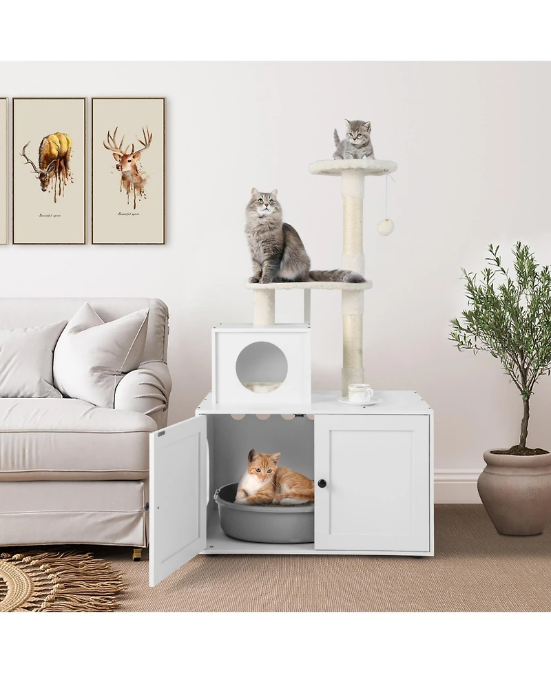Cat Tree with Litter Box Enclosure & Cozy Condo Multi-Level Furniture for Climbing & Privacy