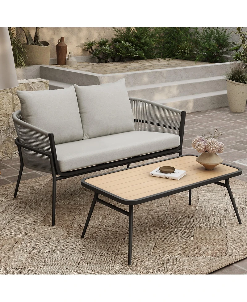 LuxenHome Outdoor Aluminum with Pe Rope Loveseat Sofa with Cushions and Coffee Table Set
