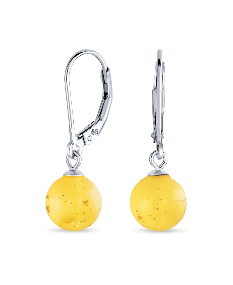 Bling Jewelry Simple Round Basic Natural Lemon Yellow Or Honey Cognac Amber 8MM Bead Ball Drop Dangle Earrings .925 Sterling Silver