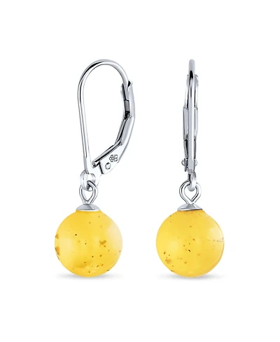 Bling Jewelry Simple Round Basic Natural Lemon Yellow Or Honey Cognac Amber 8MM Bead Ball Drop Dangle Earrings .925 Sterling Silver