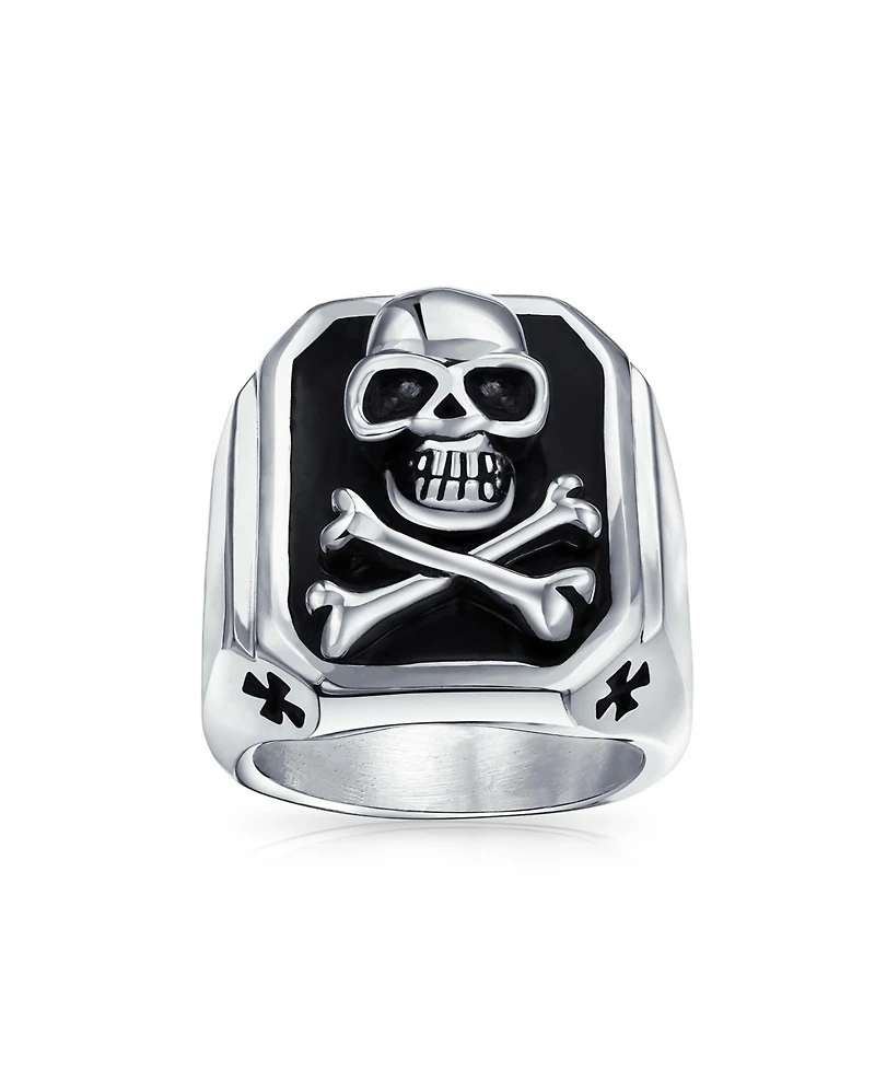 Bling Jewelry Stainless Steel Black Pirate Skull Crossbones Signet Ring Silver Tone