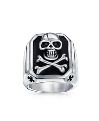 Bling Jewelry Stainless Steel Black Pirate Skull Crossbones Signet Ring Silver Tone