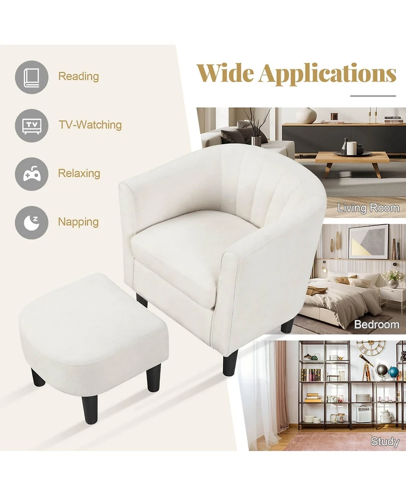 Barrel Chair with Ottoman Footrest Curved Backrest Armrests Removable Seat Cushion