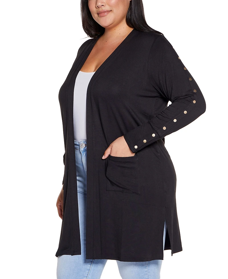 Belldini Plus Black Label Embellished Sleeve Knit Open Cardigan Sweater