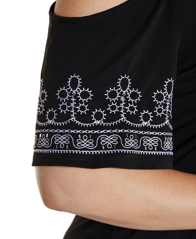 Belldini Plus Black Label Embroidered Cold-Shoulder Knit Top