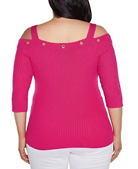 Belldini Plus Black Label Rhinestone Grommet Cold-Shoulder Sweater