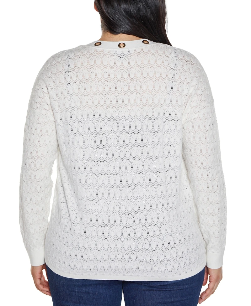 Belldini Plus Black Label Pointelle and Grommet Open Cardigan Sweater