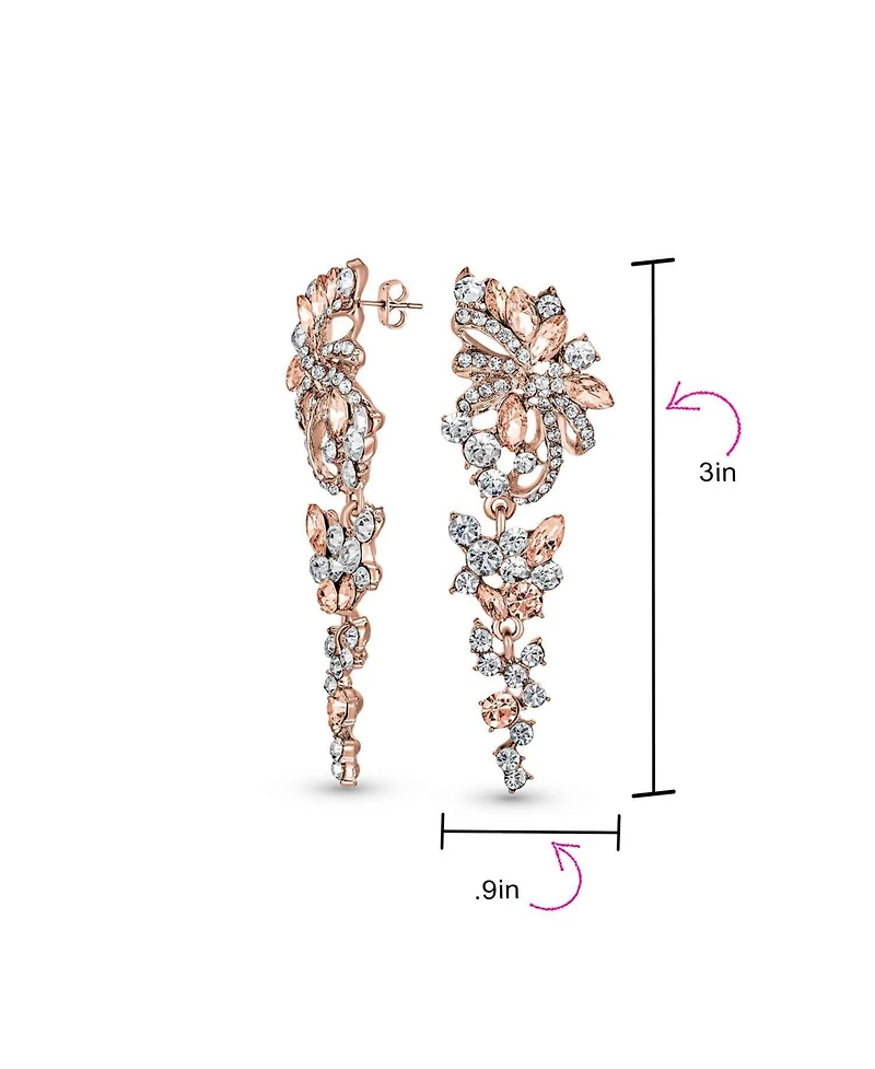 Bling Jewelry Dangling Holiday Party Waterfall Long Flower Bow Crystal Prom Pageant Chandelier Statement Earrings Pink Rose Gold Or Silver Plated