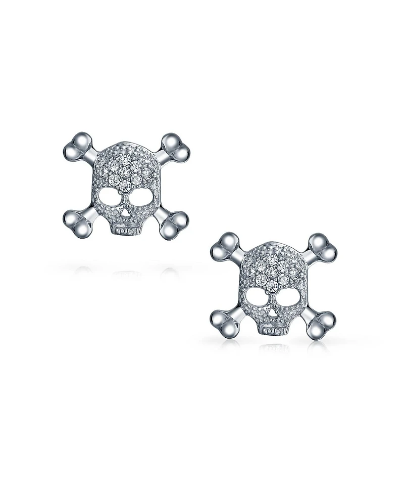 Bling Jewelry Dia De Los Muertos White Cz Skull Crossbones Stud Earrings Sterling Silver