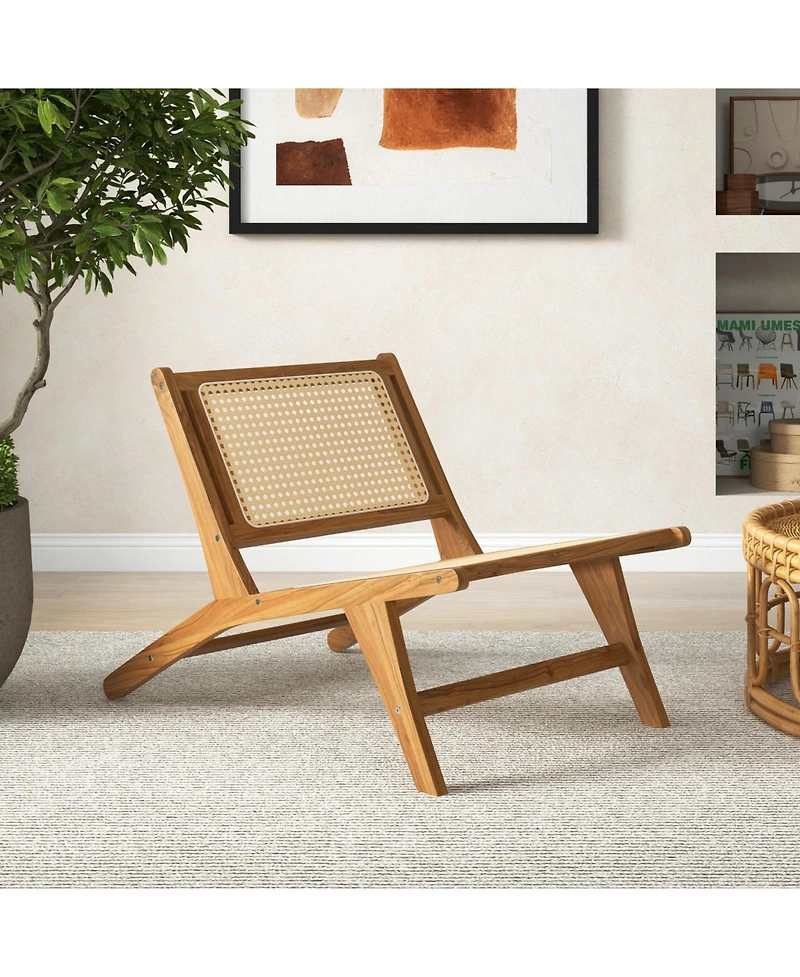 Teak Wooden Chair with Handwoven Rattan Seat and Backrest