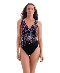 Longitude by Mimi Flamingo Women's Coolangata Shirred Faux Tie Surplice Modern Leg One Piece Swimsuit