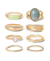 Jessica Simpson Gold-Tone 8-Piece Stacking Ring Set with Green Stone Accents - Size 7