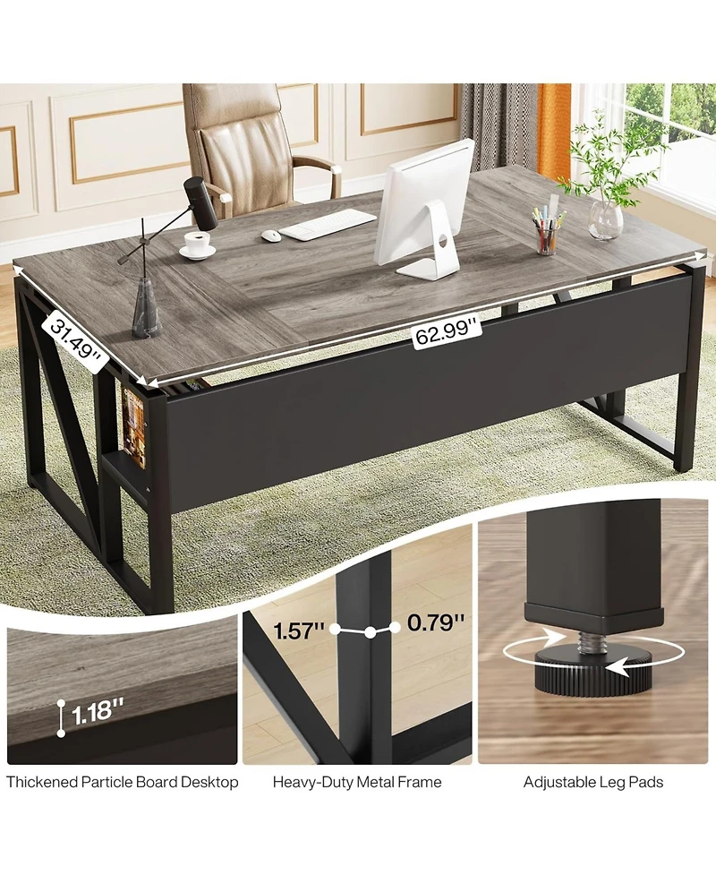 Tribesigns 63 inches Computer Desk with Bottom Storage Shelf Home Office Writing Table for Workstation, Cabinet not Included