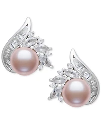 Belle de Mer Blush Cultured Freshwater Pearl (8-9mm) & Lab Created White Sapphire (2 ct. t.w.) Stud Earrings in Sterling Silver