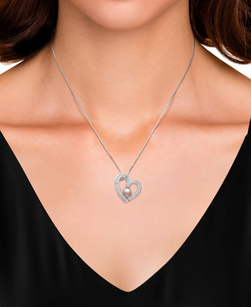 Belle de Mer Dyed Black Peacock Cultured Freshwater Pearl (6-7mm) & Cubic Zirconia Heart Pendant 18" Necklace Sterling Silver