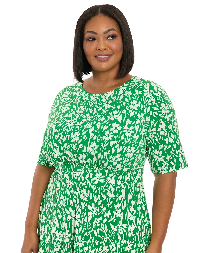London Times Plus Size Floral-Print Short-Sleeve Midi Dress