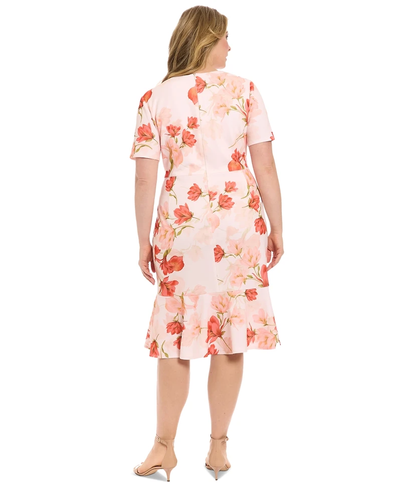 London Times Plus Size Floral Side-Knot Ruffle-Hem Dress
