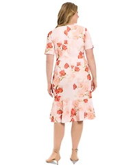 London Times Plus Size Floral Side-Knot Ruffle-Hem Dress