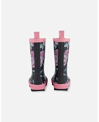 Deux par Deux Girl Printed Rain Boots Pink, Black, And Flowers - Toddler|Child