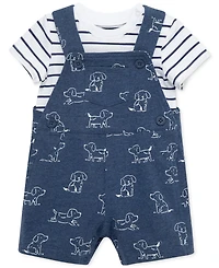 Little Me Baby Boys Cotton Striped T-Shirt & Puppy Shortall, 2 Piece Set