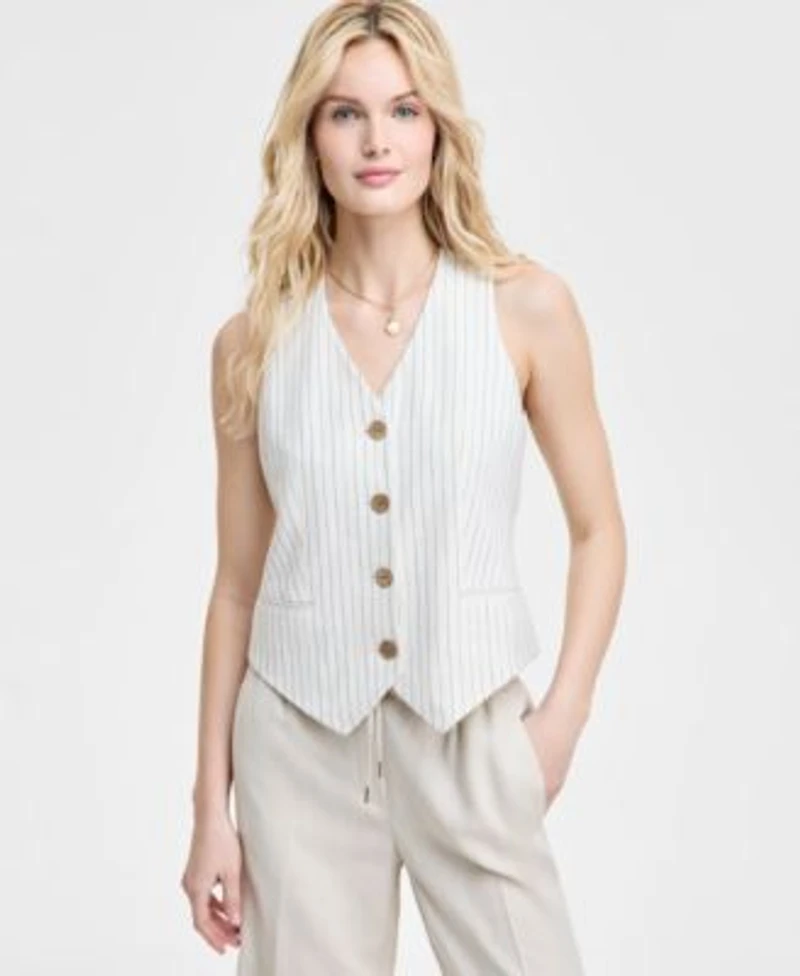 Jones New York Womens Striped Button Front Vest Wide Leg Pants