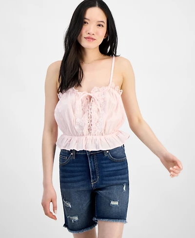 Self Esteem Juniors' Lace-Trim Embroidered Peplum Tank Top