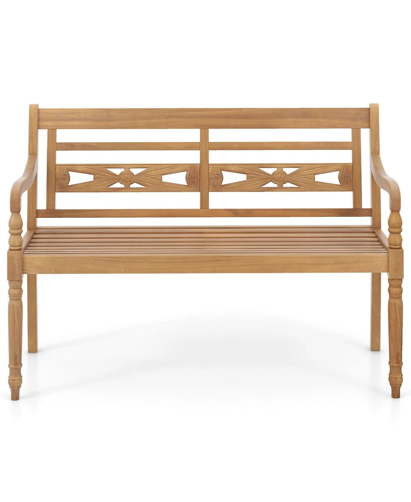 2-Person Teak Wood Patio Bench with Wide Backrest and Curved Armrests