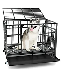 48 Inch Foldable Heavy-Duty Metal Dog Cage with Lockable Rolling Casters and Tray