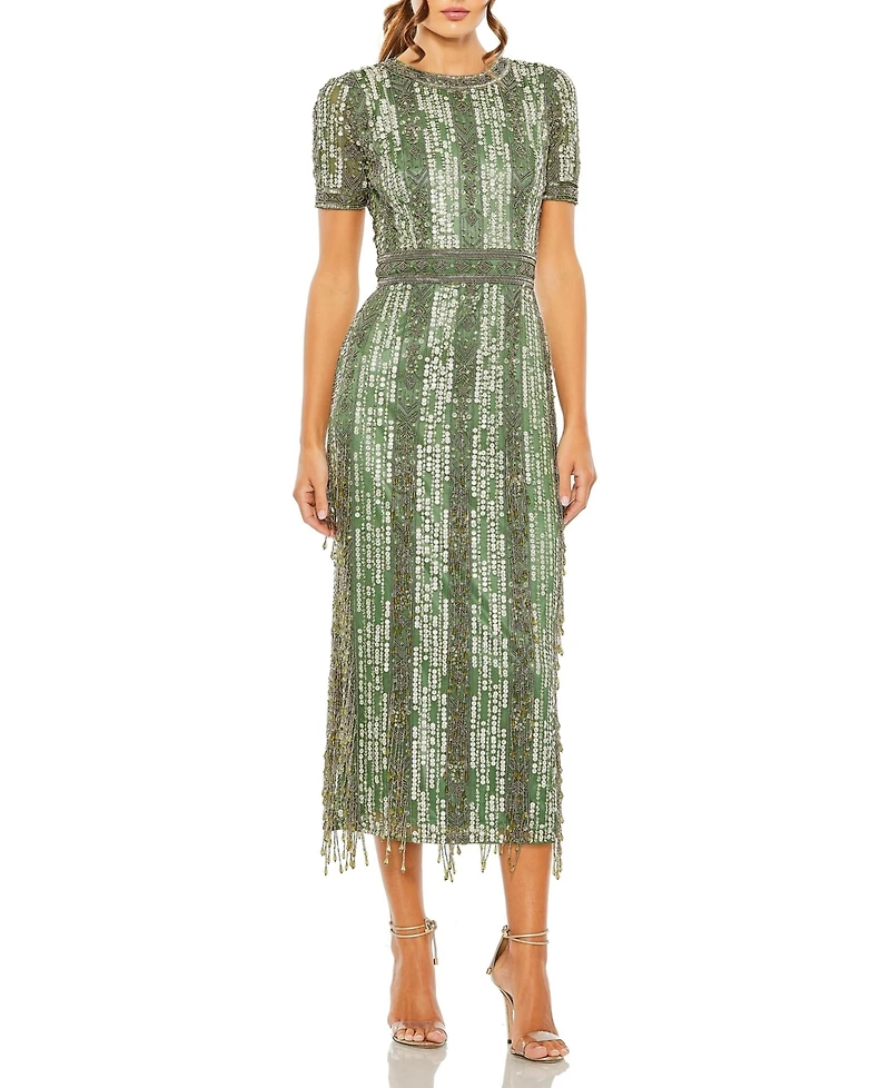 Mac Duggal Women's High Neck Short Sleeve Crystal Fringe Column Dress