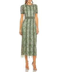 Mac Duggal Women's High Neck Short Sleeve Crystal Fringe Column Dress