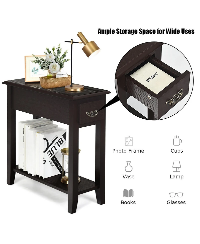 Gymax 2 Tier End Bedside Sofa Side Table Narrow Nightstand w/Drawer &Shelf