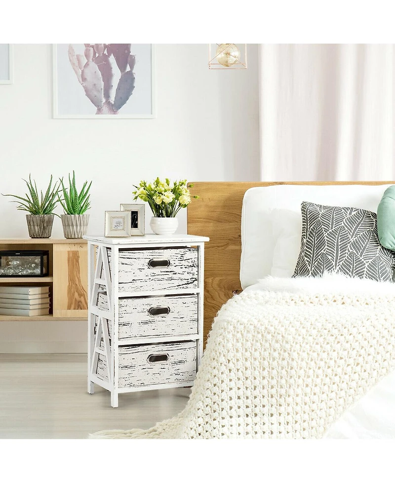 Gymax Set of 2 Chest w/3 Fabric Drawers Vintage Wood Frame End Side Table Nightstand