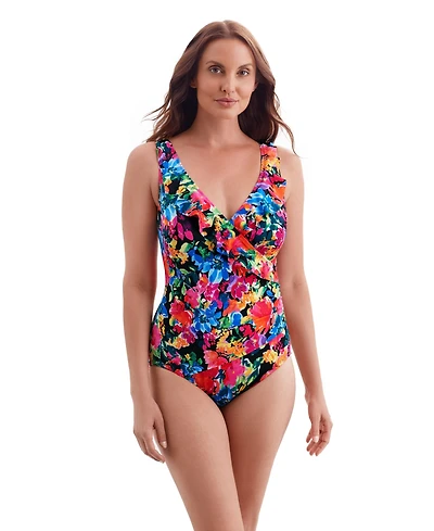 Longitude by Mimi Flamingo Women's Fine China Ruffle Front Surplice One Piece Swimsuit