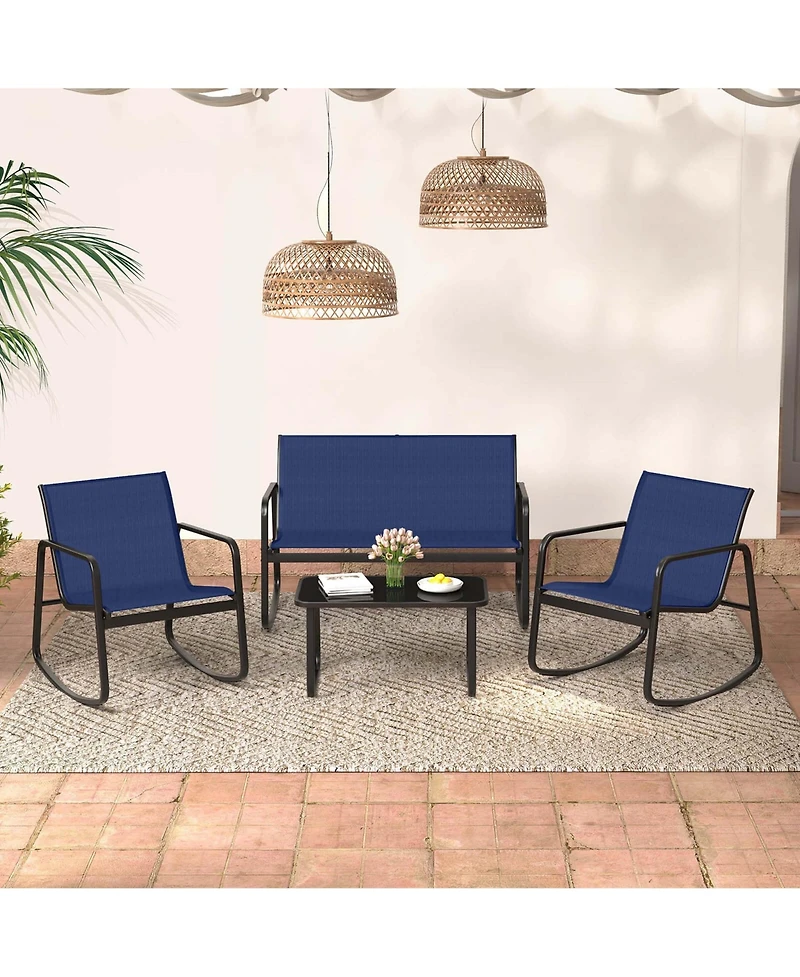 4 Pcs Patio Rocking Set Rocking Chairs & Loveseat with Glass-Top Table Outdoor
