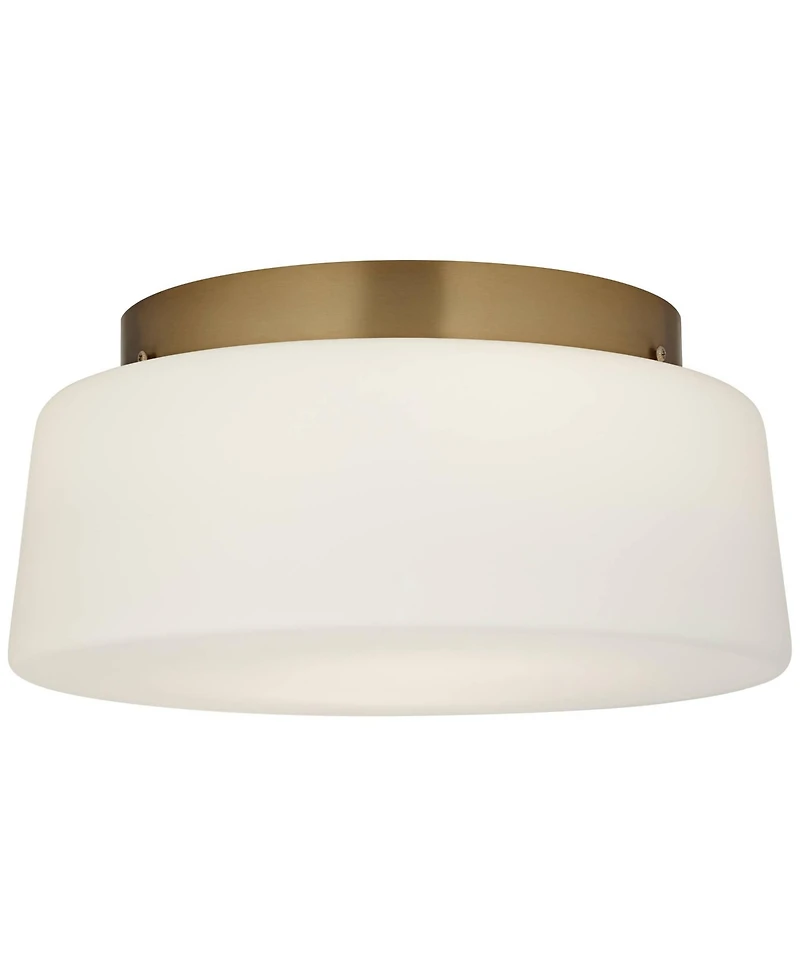 Buckley 13" Modern Flush-Mount Ceiling Light Fixture Kitchen Foyer Hallway Drum Round Warm Brass Finish White Glass Metal Bedroom Bathroom Entryw