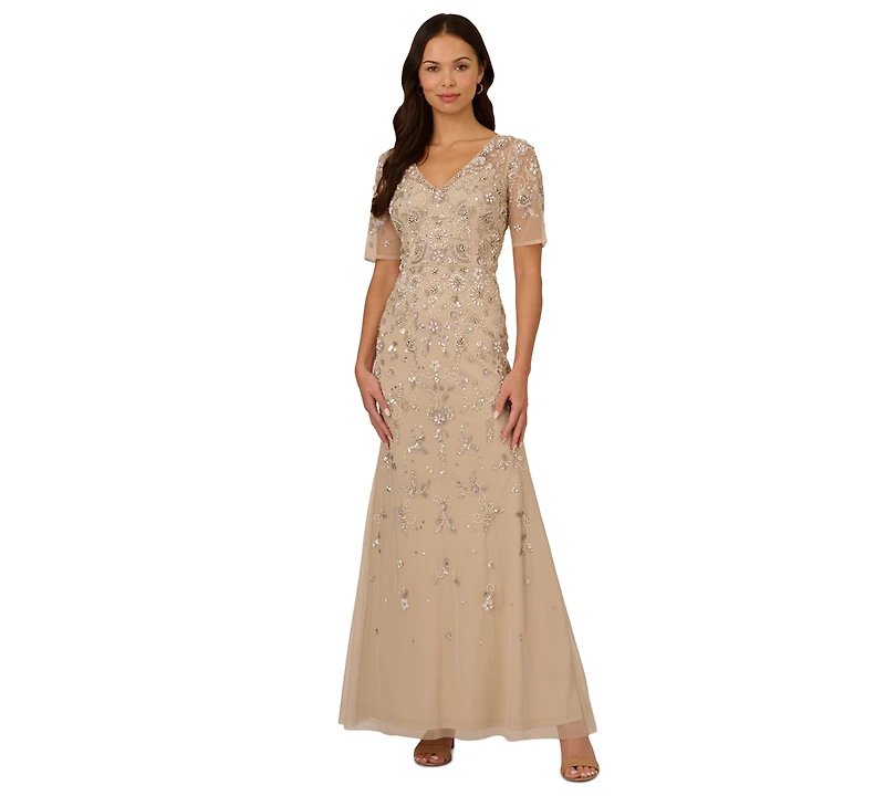 Adrianna Papell Women's V-Neck Beaded Short-Sleeve Mesh Gown