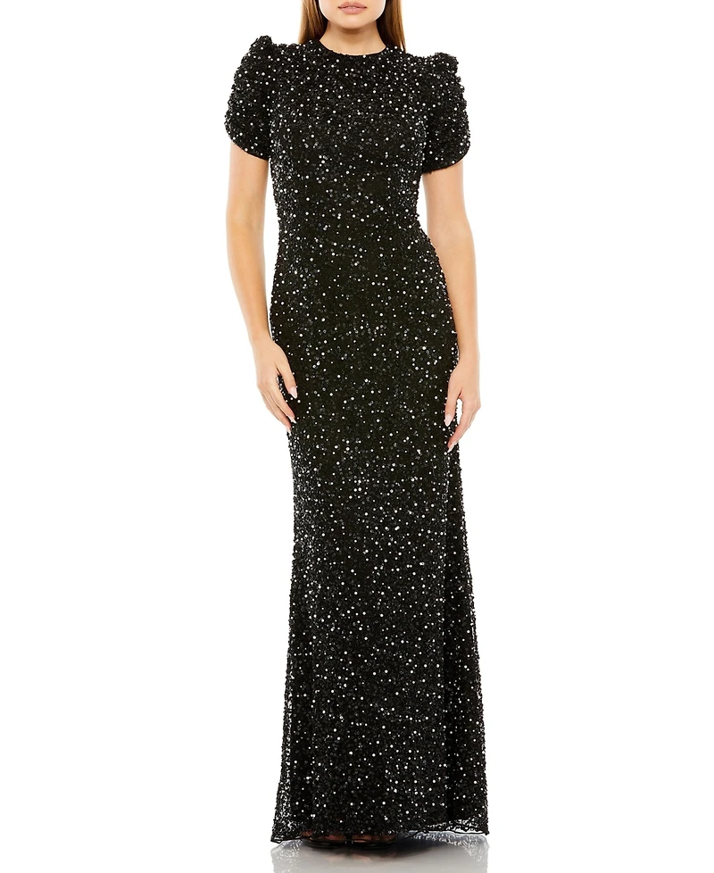 Mac Duggal Women's Gathered Short Sleeve Beaded Gown