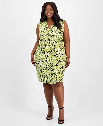 Kasper Plus Sleeveless Printed Fax-Wrap Dress