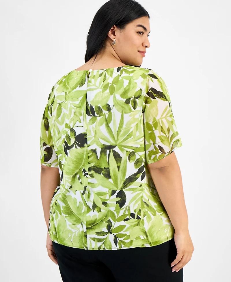 Kasper Plus Size Printed Flutter-Sleeve Blouse
