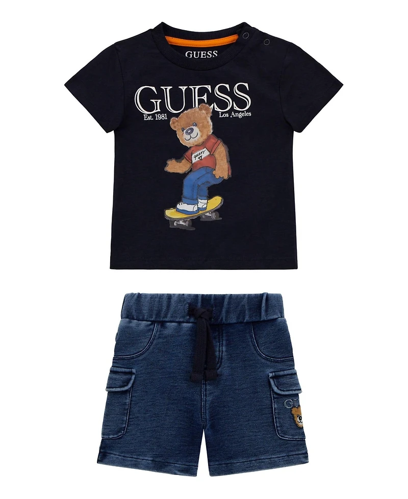Guess Baby Boys 2-Piece Short Sleeve T-Shirt and Knit Denim Short Set