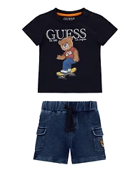 Guess Baby Boys 2-Piece Short Sleeve T-Shirt and Knit Denim Short Set