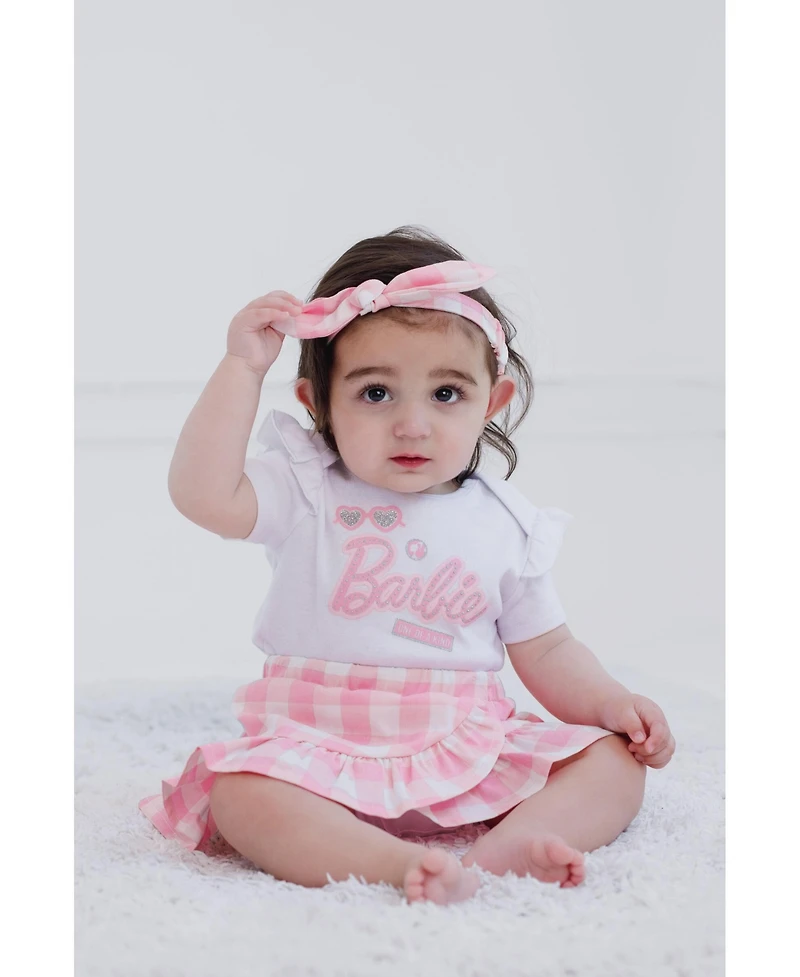 Barbie Baby Girls Bodysuit Ruffle Skirt and Bow Headband 3 Piece Outfit Set Newborn to