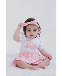 Barbie Baby Girls Bodysuit Ruffle Skirt and Bow Headband 3 Piece Outfit Set Newborn to