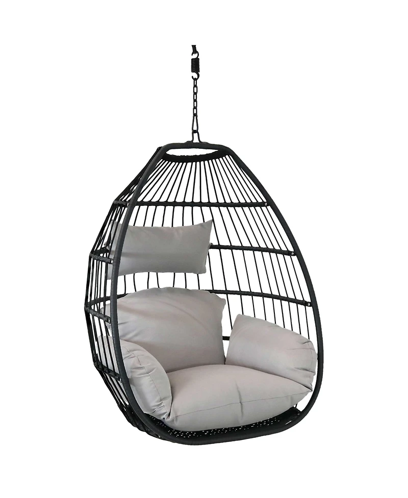 Outdoor Resin Wicker Delaney Hanging Basket Egg Chair Swing with Cushions and Headrest - Gray - 2pc