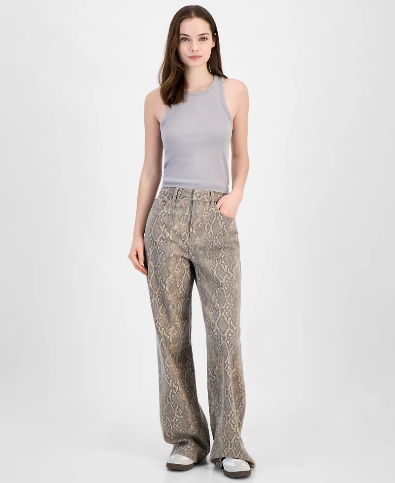 Tinseltown Juniors' Animal-Print Wide-Leg Jeans