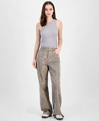 Tinseltown Juniors' Animal-Print Wide-Leg Jeans