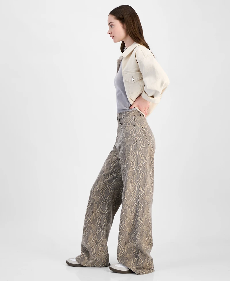 Tinseltown Juniors' Animal-Print Wide-Leg Jeans