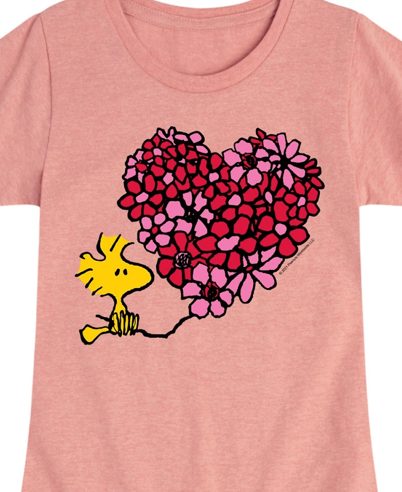 Peanuts Big Girls Woodstock Flower Heart Graphic Short Sleeve T-Shirt