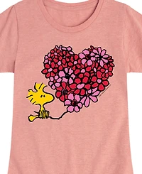 Peanuts Big Girls Woodstock Flower Heart Graphic Short Sleeve T-Shirt